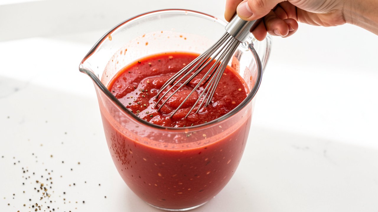 Whisking the seasoned virgin mary mix smooth in a glass pitcher