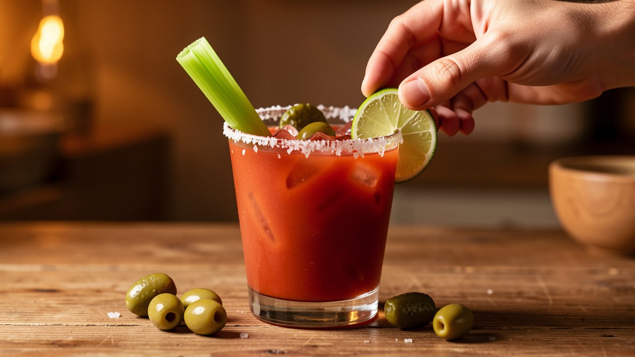 A finished virgin mary poured over ice and garnished with celery, olives, and lime