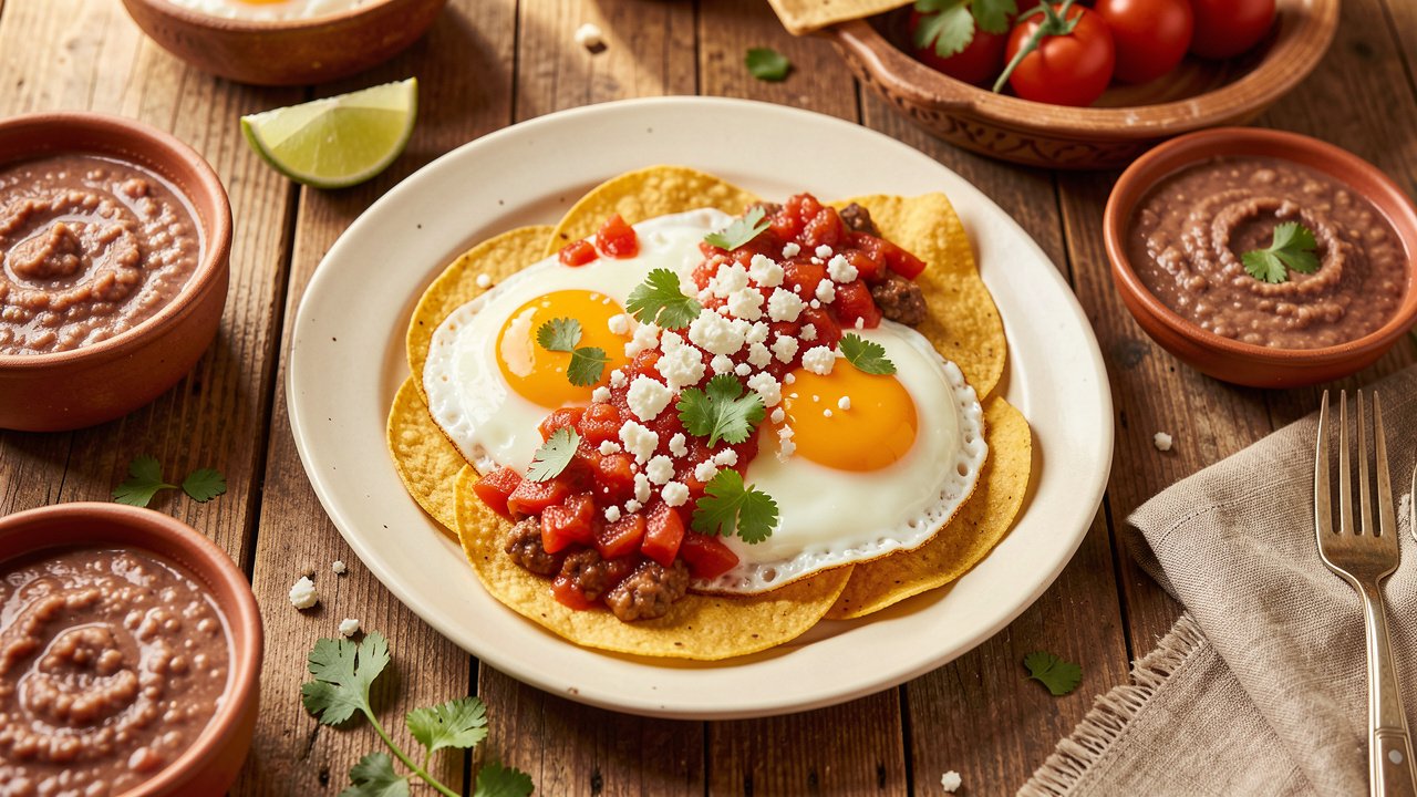 A plate of huevos rancheros with runny fried eggs over crisp tortillas and warm tomato salsa, topped with queso fresco and cilantro