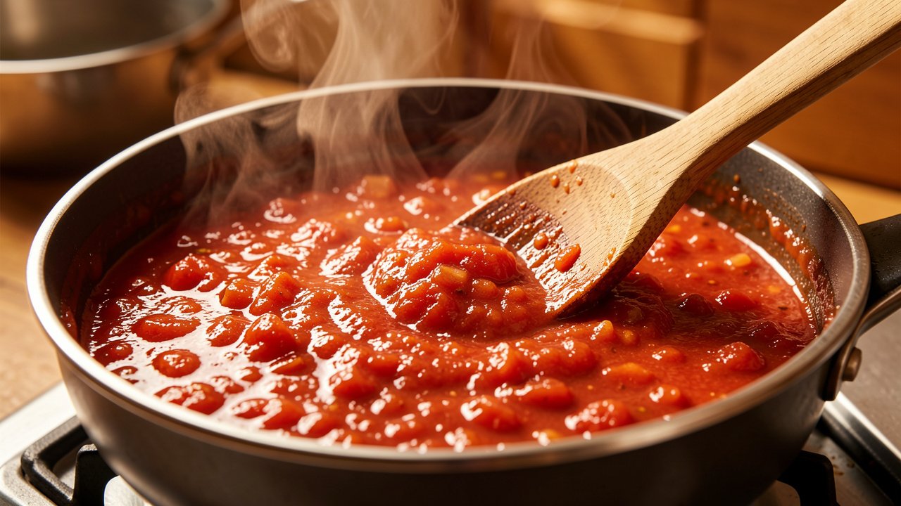 Tomato salsa ranchera simmering and thickening in a saucepan