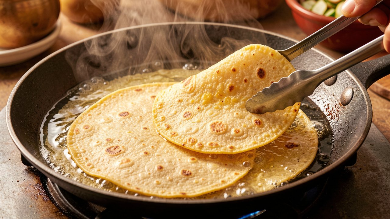 Corn tortillas crisping in hot oil in a skillet