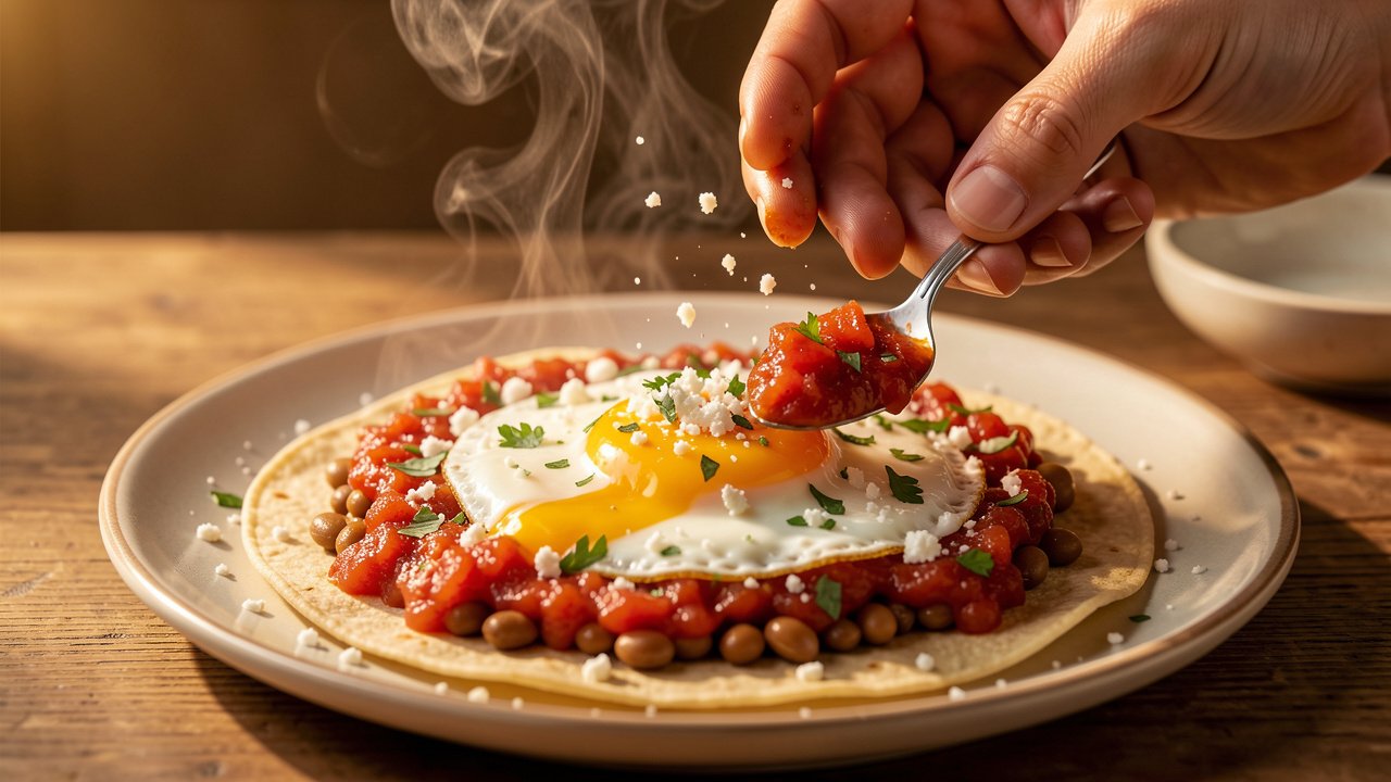 Huevos rancheros being assembled with salsa, queso fresco, and cilantro
