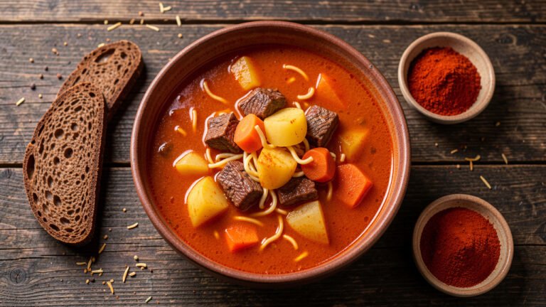 A deep bowl of Hungarian goulash soup with beef, potato, carrot and pinched noodles in red-gold paprika broth