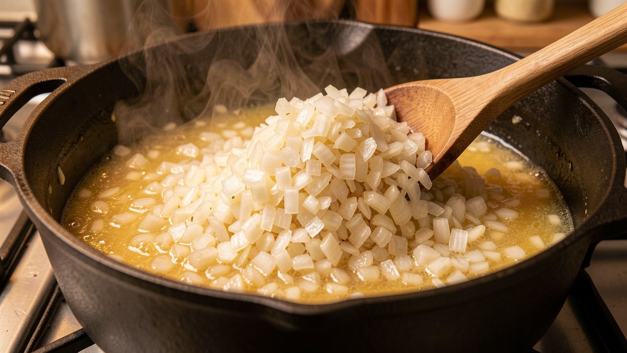 A large quantity of chopped onions cooking down to a soft golden mass in a heavy pot
