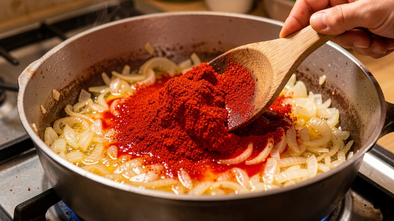 Sweet paprika being stirred into softened onions in a pot taken off the heat