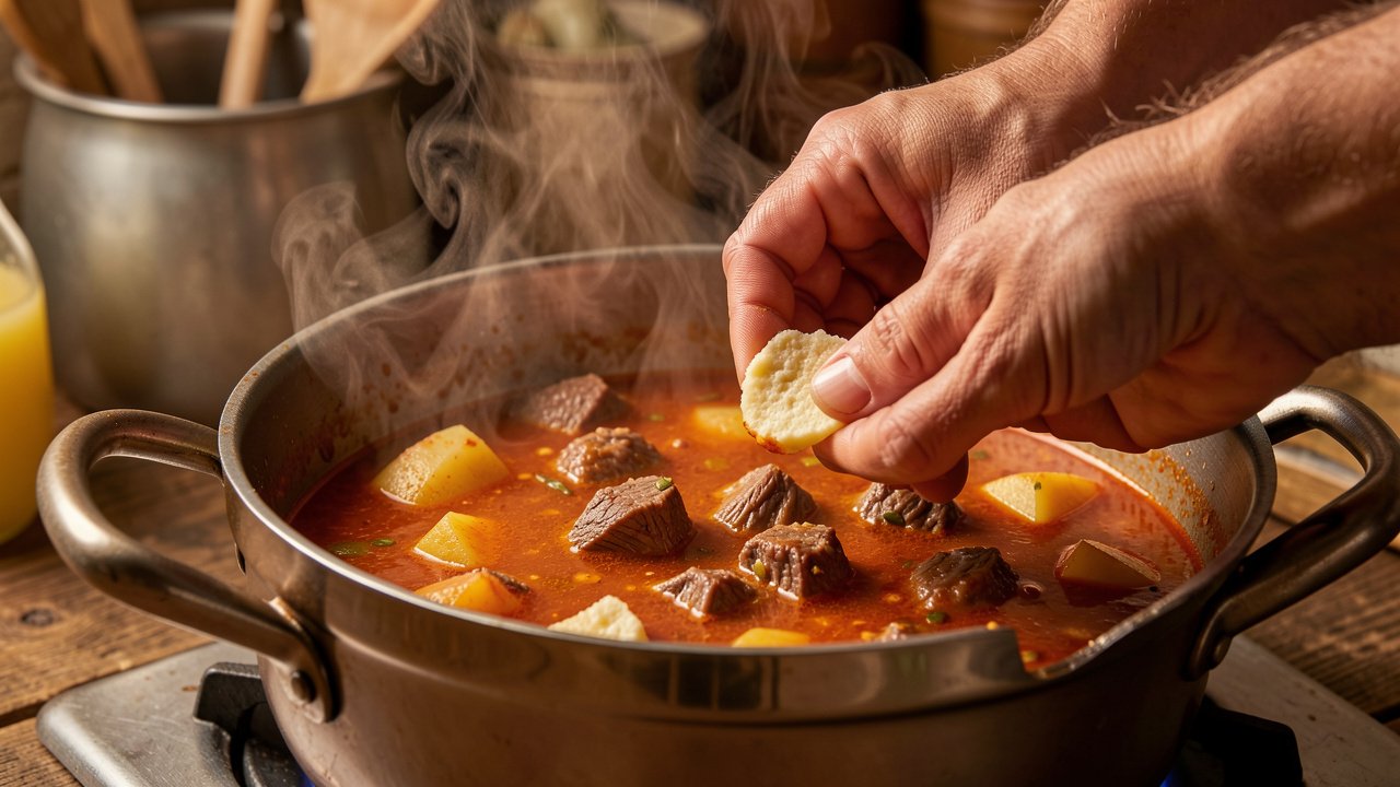 Hands pinching csipetke dough into a simmering pot of Hungarian goulash soup
