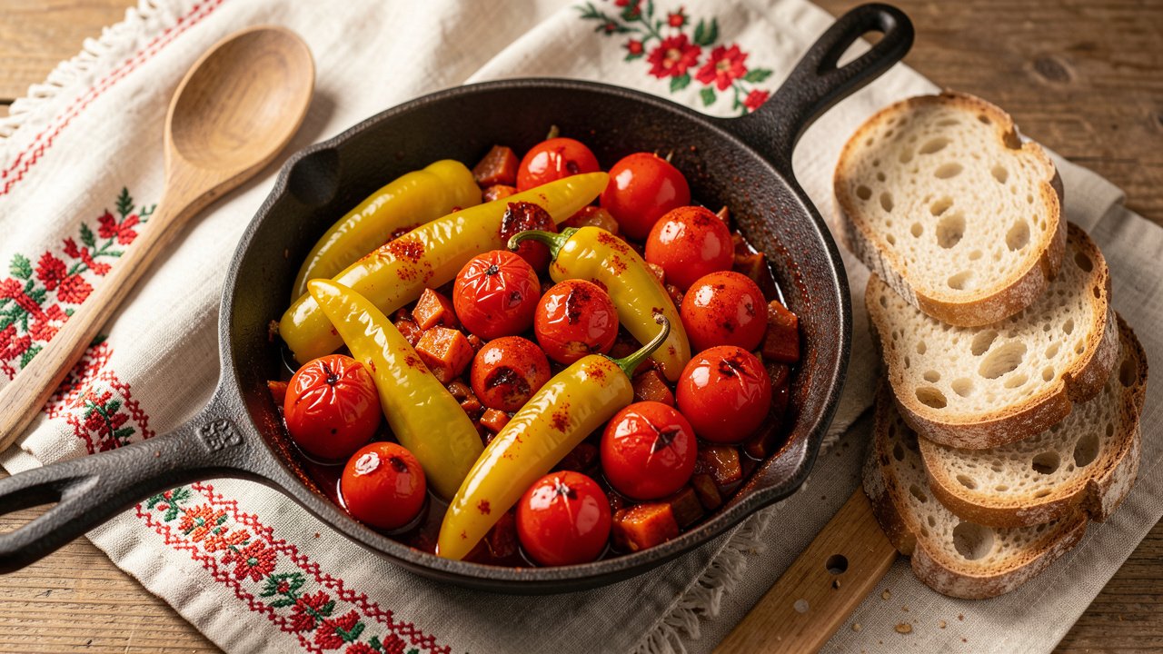 A rustic pan of Hungarian lecso with soft wax peppers and tomatoes in paprika oil, crusty bread alongside