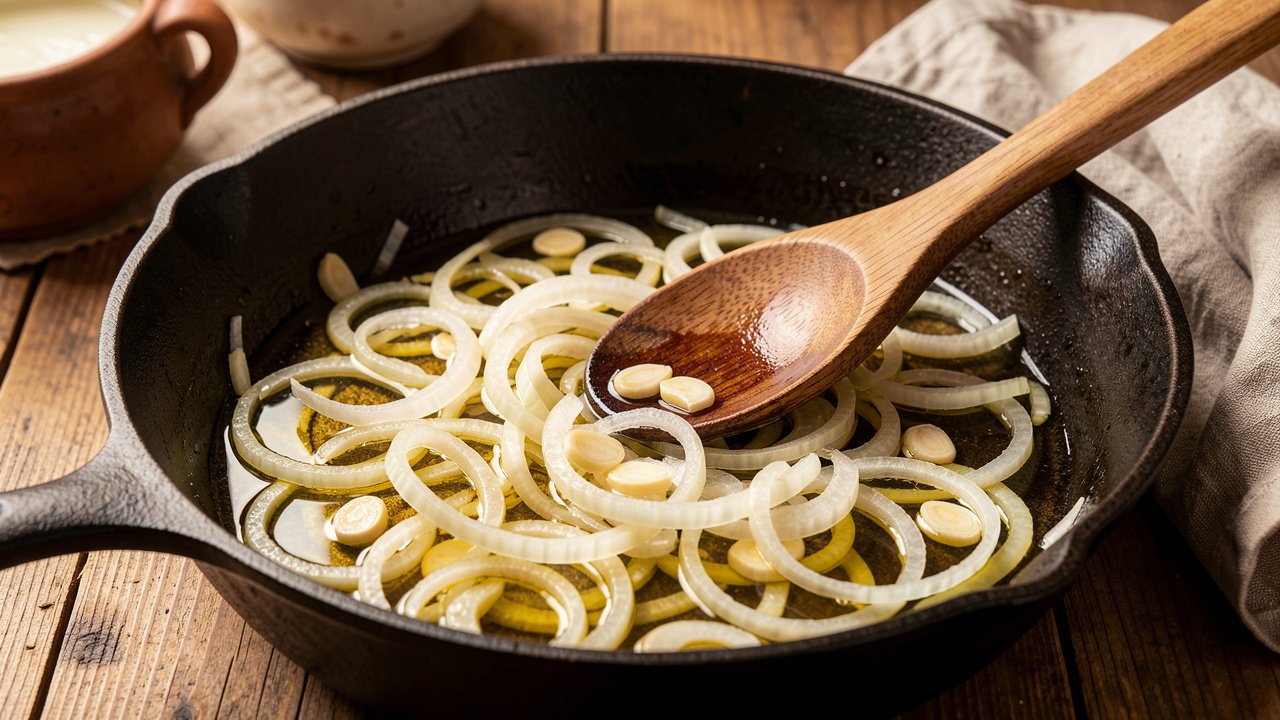 Sliced onions softening slowly in oil in a rustic pan