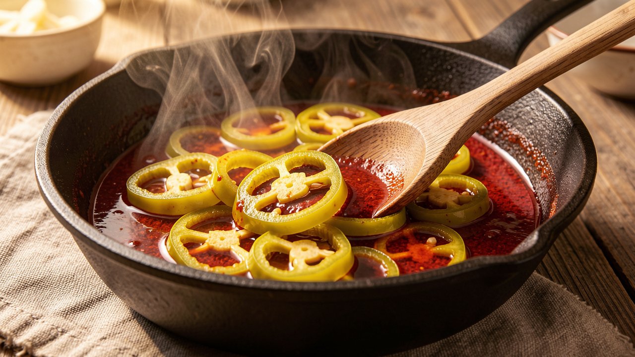 Yellow-green wax pepper rings softening in red paprika oil in a pan