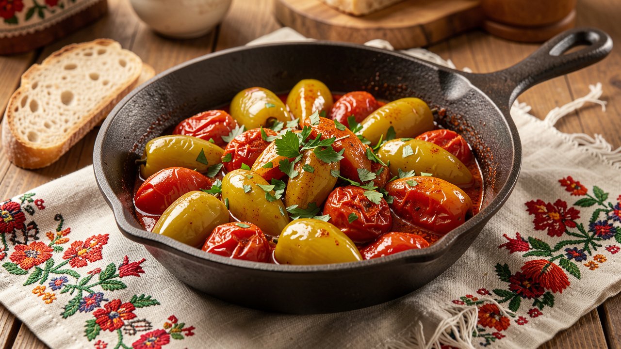 Finished lecso in a rustic pan scattered with parsley and served with crusty bread