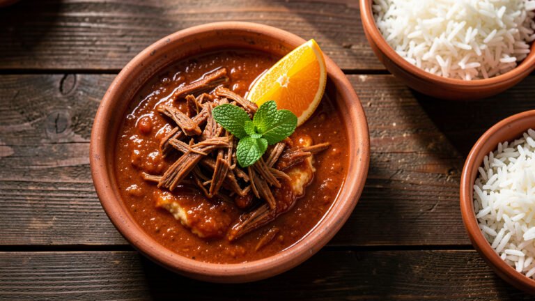A bowl of thick reddish-brown Nicaraguan indio viejo topped with fresh mint, served with white rice
