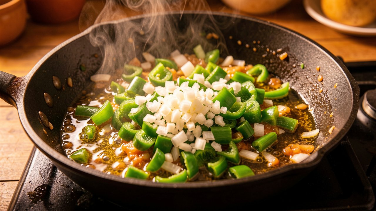 Onion, bell pepper, and garlic sauteing into a sofrito in a skillet