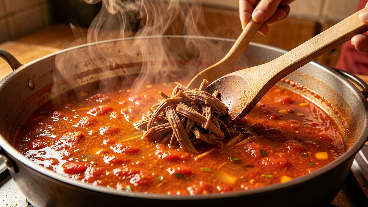 Shredded beef stirred into a tomato and achiote base with broth in a pot