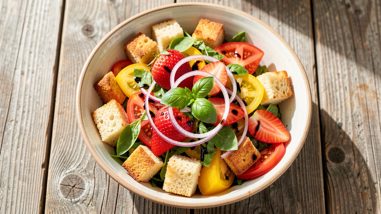 A rustic bowl of Italian bread salad with strawberries, tomatoes, red onion, and basil in a light vinaigrette