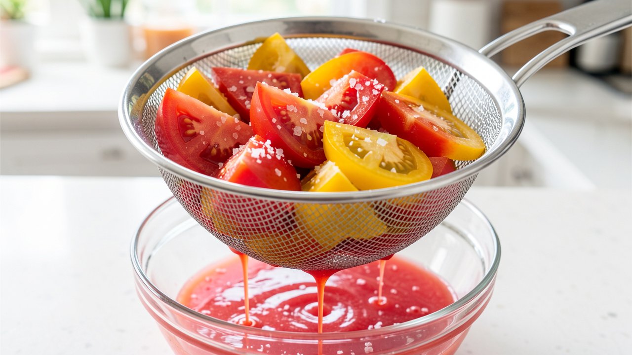 Salted tomato wedges draining in a colander with pink juice collecting below