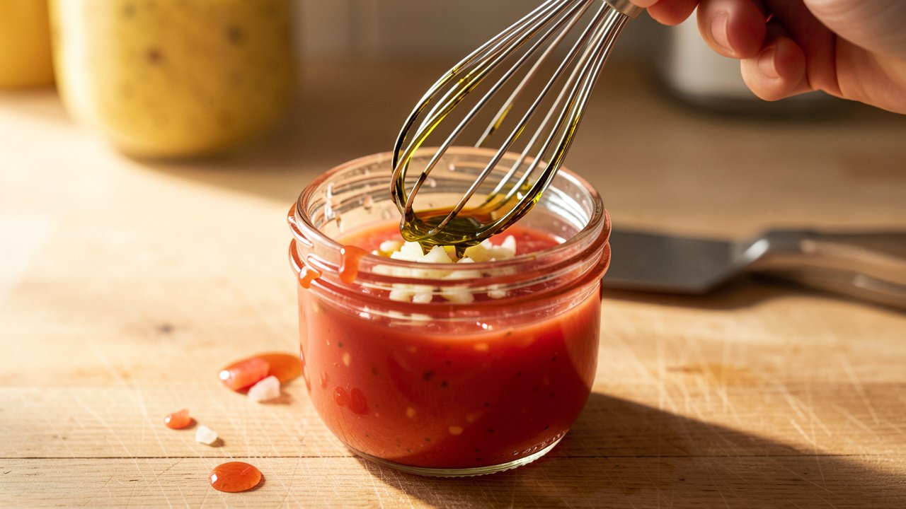A bright tomato vinaigrette being whisked in a small glass jar