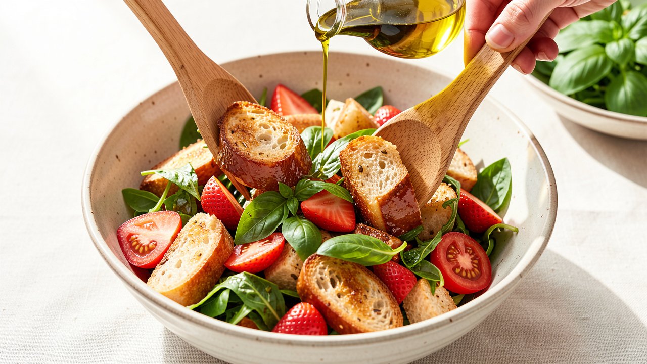 Finished Italian bread salad being tossed with olive oil drizzled on top