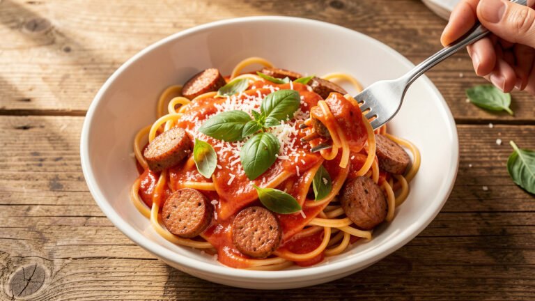 A bowl of linguine in rosy tomato cream sauce with browned Italian chicken sausage, basil, and Parmesan