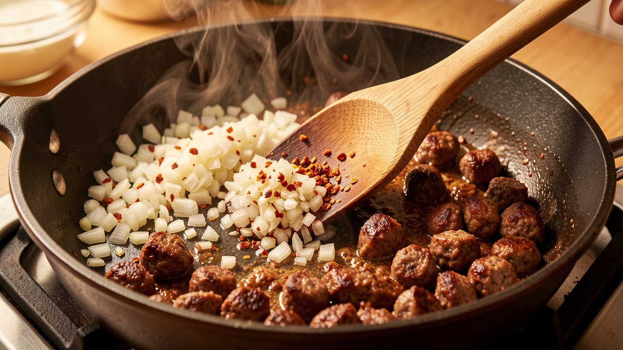 Onion and garlic softening in a skillet with the browned sausage fond