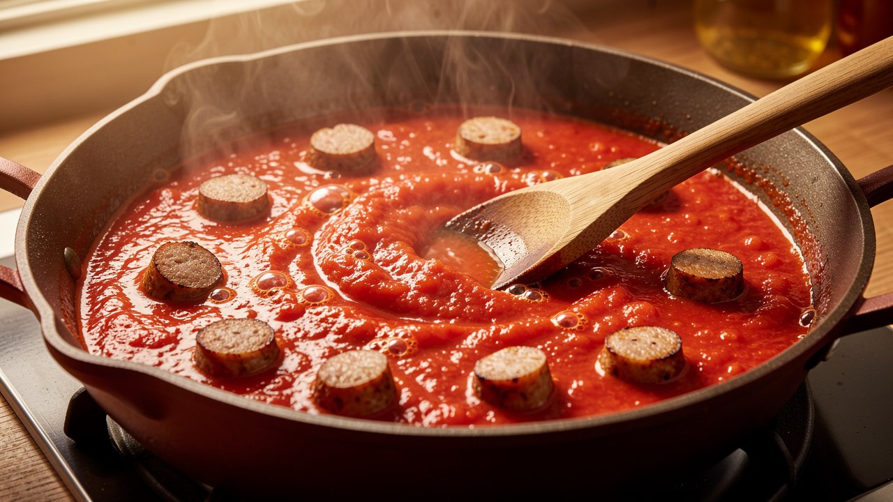 Crushed tomato sauce simmering with browned sausage coins in a skillet