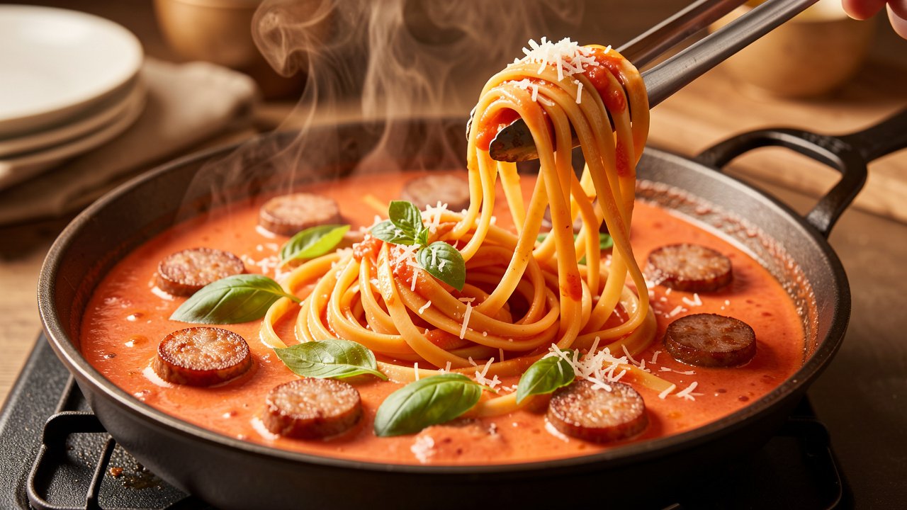 Linguine tossed into rosy tomato cream sauce with sausage, basil, and Parmesan