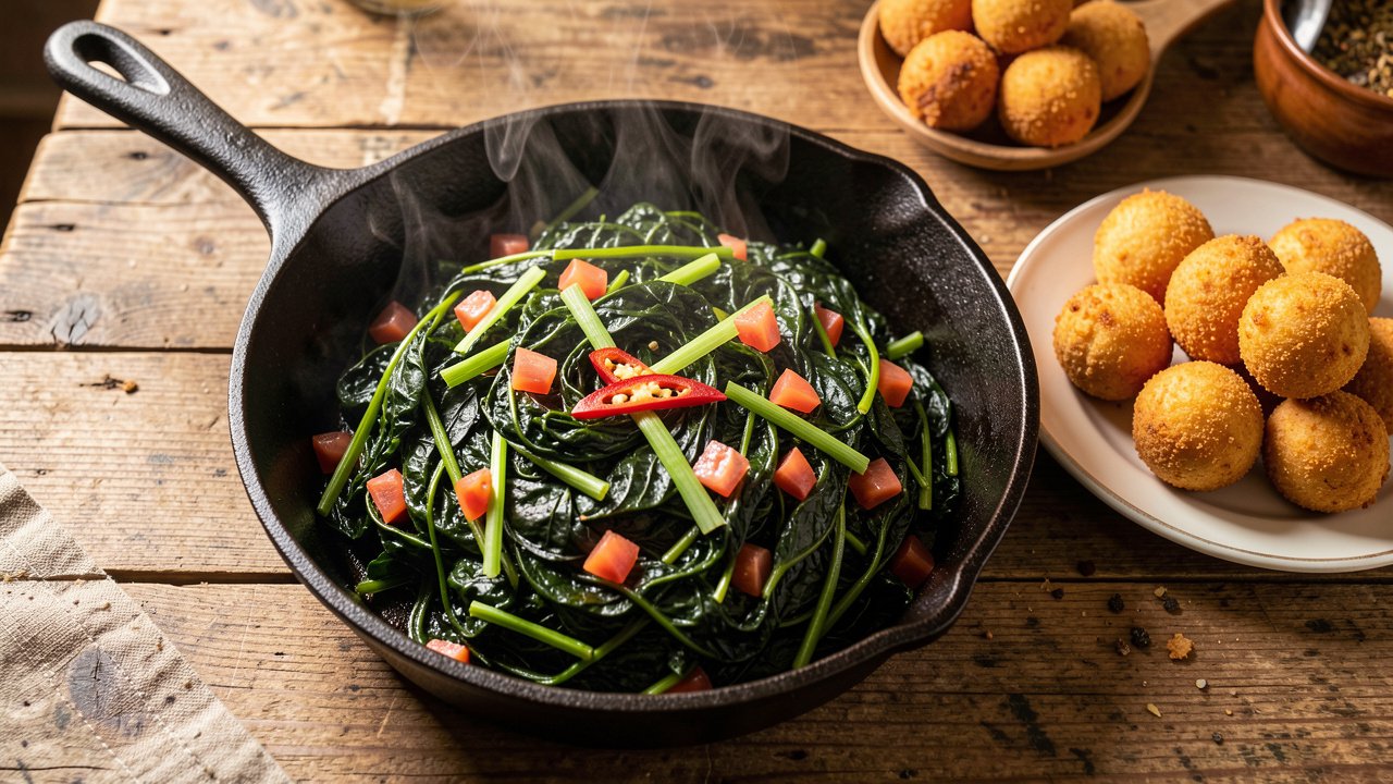 A skillet of sauteed Jamaican callaloo greens with tomato and scallion, served with fried dumplings