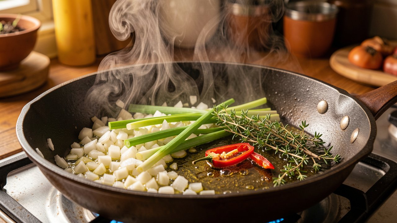 Onion, garlic, scallion, thyme, and Scotch bonnet sauteing in a skillet
