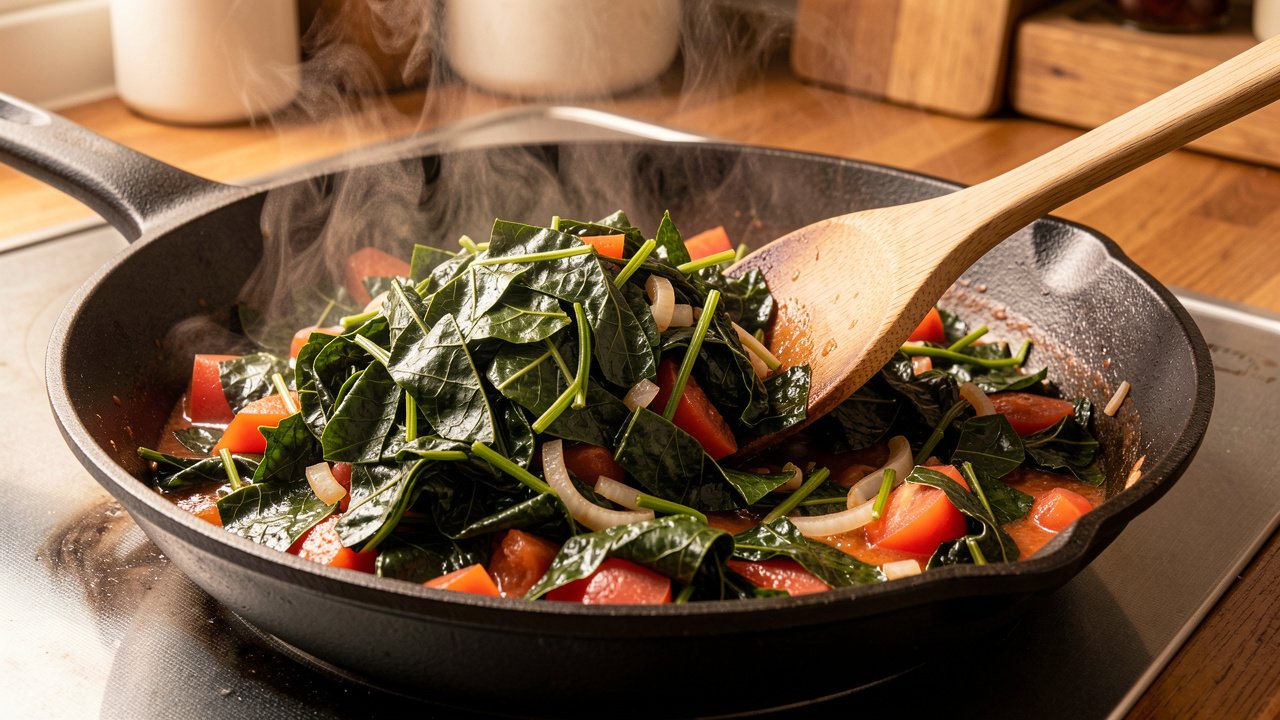 Chopped callaloo greens wilting into a skillet with tomato and onion