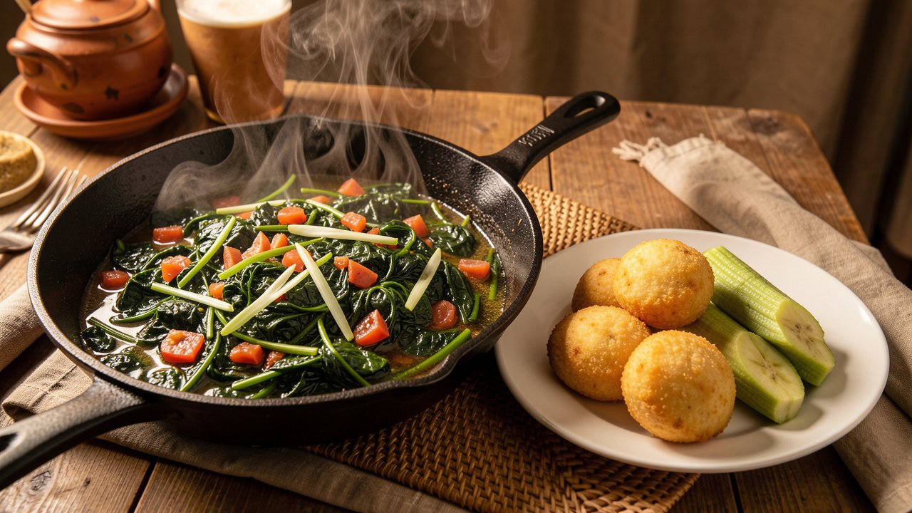 Finished Jamaican callaloo served with fried dumplings and green banana