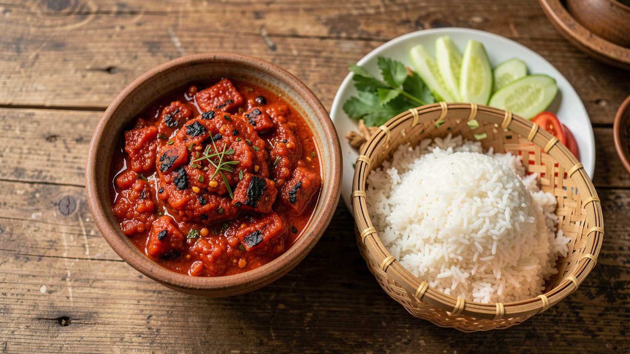 A rustic bowl of smoky Lao jeow mak len tomato chili dip beside a basket of sticky rice and fresh vegetables