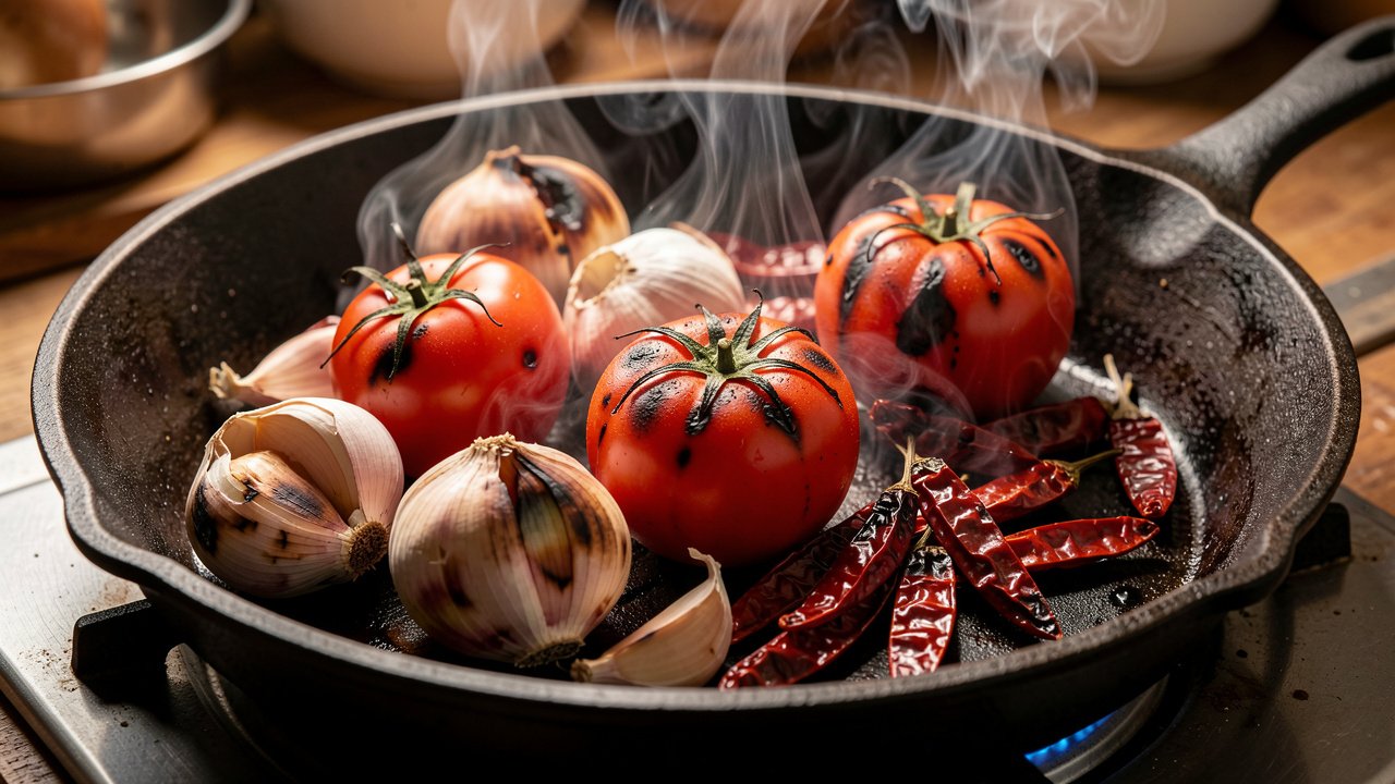 Tomatoes, shallots, garlic, and dried chilies charring on a dry skillet