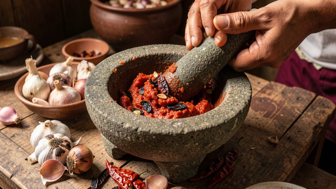 Charred garlic, shallots, and chilies pounded into a coarse paste in a mortar