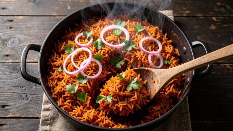A pot of deep orange-red West African jollof rice garnished with sliced red onion and parsley