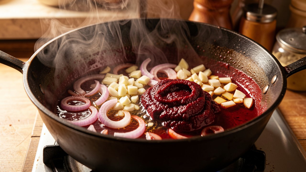 Onions, garlic, ginger, and tomato paste frying in oil in a heavy pot