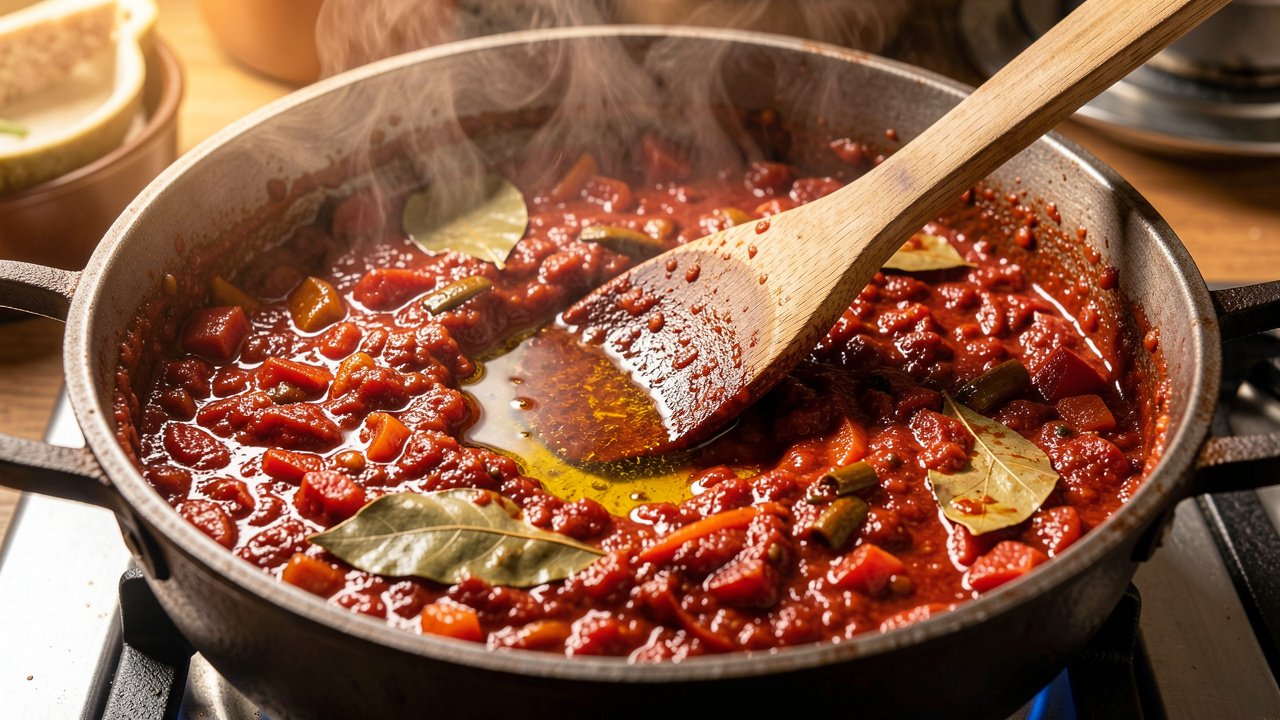 A thick deep red blended tomato and pepper base reducing in a pot with oil rising to the top
