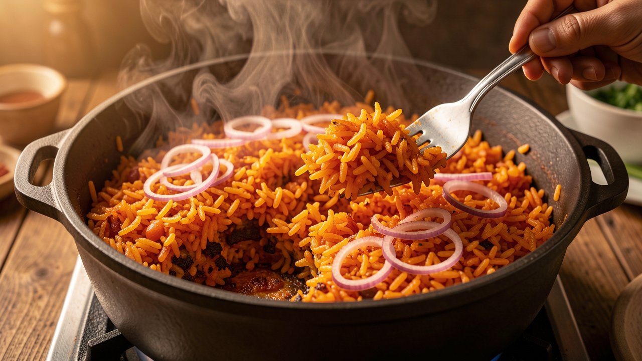 Finished fluffy jollof rice being fluffed with a fork, with a smoky layer at the bottom of the pot