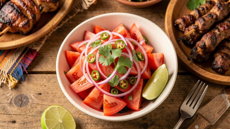 A bright bowl of kachumbari with chopped tomato, red onion, cilantro, and chili beside grilled meat