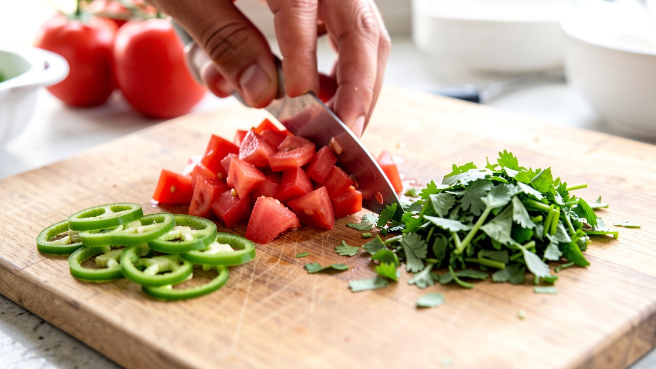 Ripe tomatoes being diced beside sliced green chili and chopped cilantro