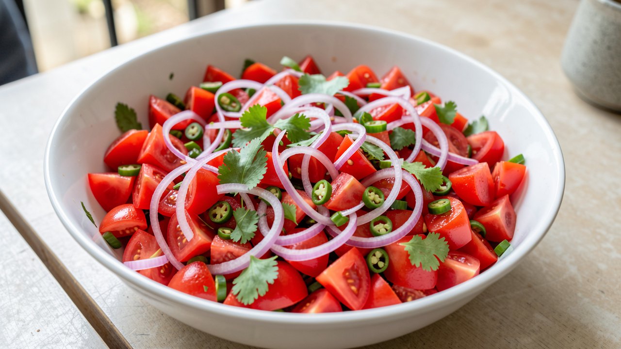 Tomatoes, red onion, chili, and cilantro being tossed together in a large bowl