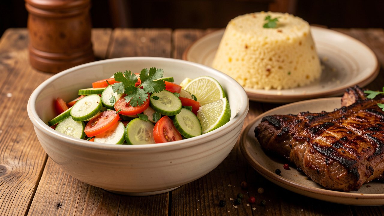A finished bowl of kachumbari garnished with cilantro and lime, served with grilled meat and ugali