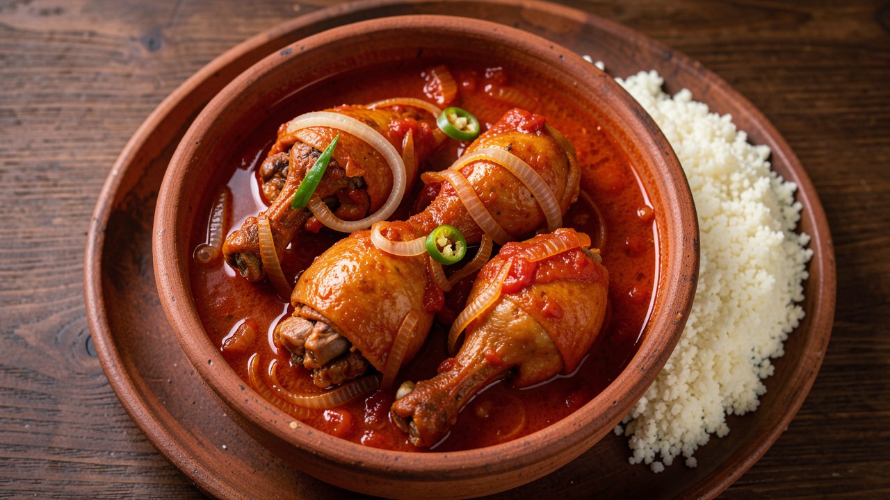 Tender halal chicken pieces in a rich red tomato stew served with white attieke