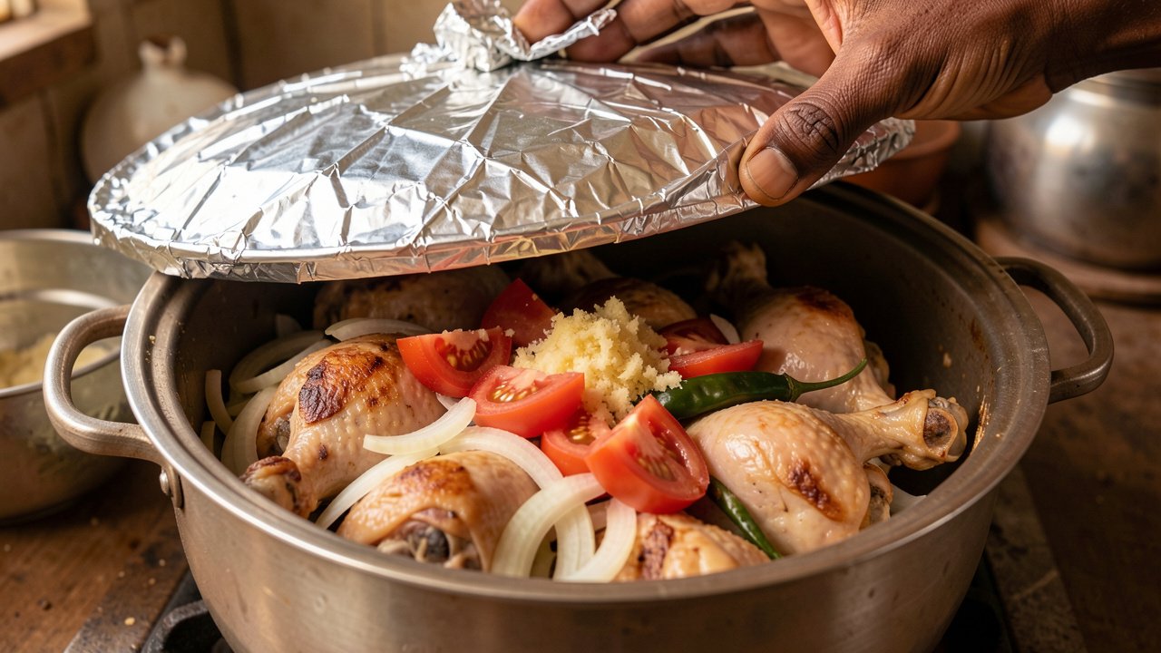 Chicken, onion, tomatoes and chili packed raw into a pot being sealed with foil