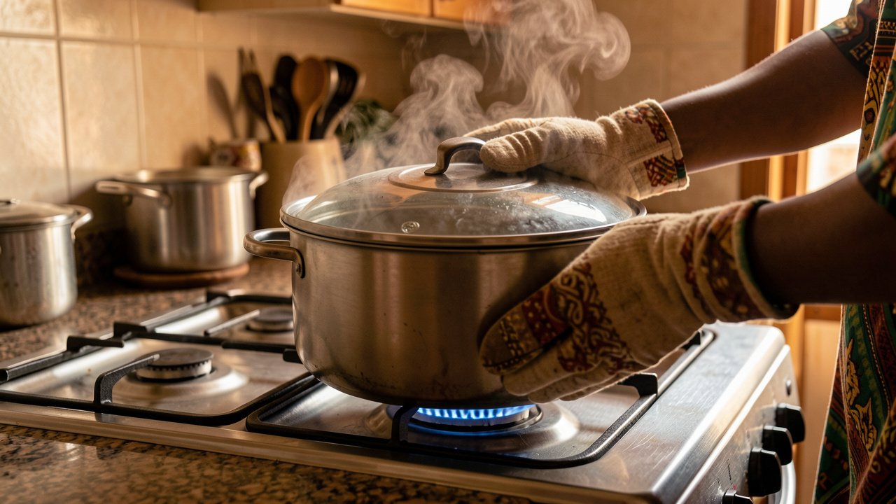 Hands in oven mitts shaking a sealed pot of kedjenou on the stove