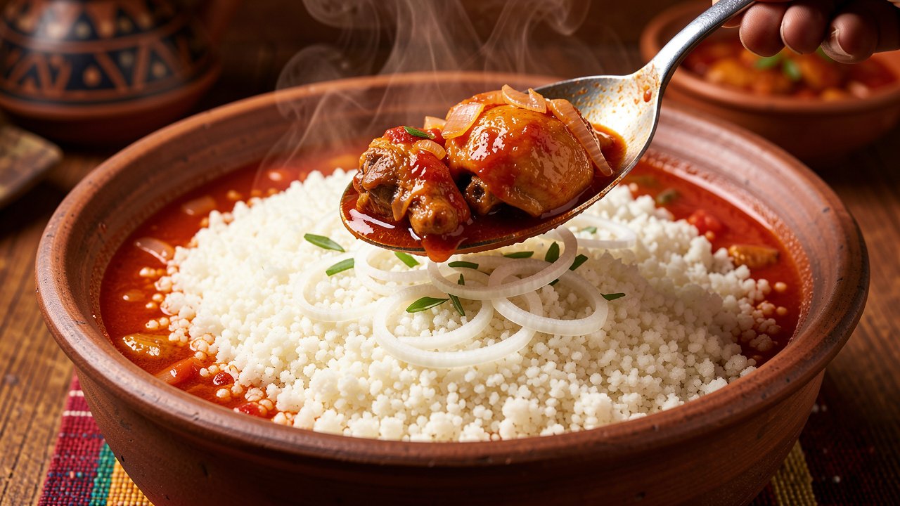 Finished kedjenou spooned over white attieke with its red tomato broth