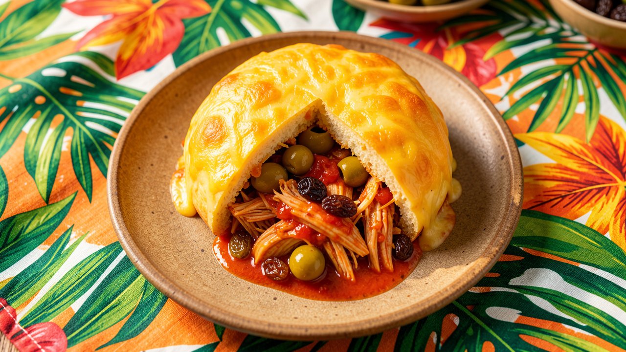 A golden cheese-domed keshi yena cut open to show spiced chicken filling with olives and raisins