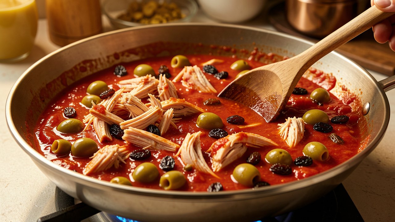 Shredded chicken simmering in a thick red sofrito with olives, capers, and raisins