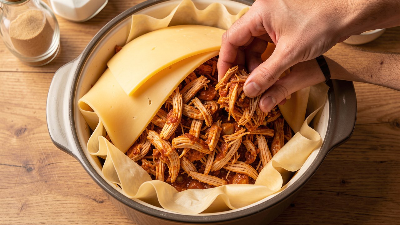 A cheese-lined bowl being filled with spiced chicken and sealed with cheese slices