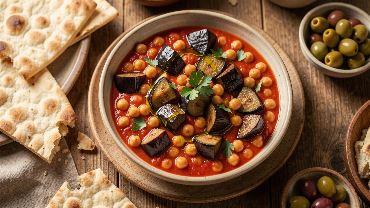 A bowl of maghmour with soft eggplant and chickpeas in a red tomato sauce, drizzled with olive oil and served with bread
