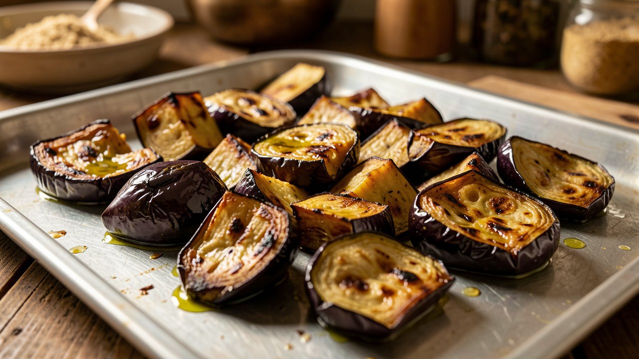Roasted eggplant chunks on a tray, golden and soft with olive oil