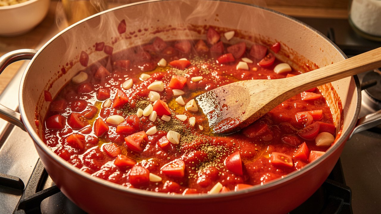 Tomatoes and spices cooking down into a thick red sauce in a pot